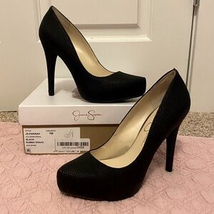 Ladies New In Box Jessica Simpson Rumba Snake Black Heels Platform Size 7